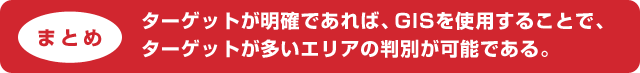 （まとめ）ターゲットが明確であれば、GISを使用することで、ターゲットが多いエリアの判別が可能である。